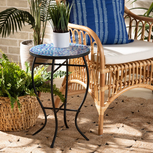 Baxton Studio Baxton Gaenor Modern Black Metal Plant Stand with Blue Glass Mosaic Top for Contemporary Spaces H01-97880-Mosaic Plant Stand