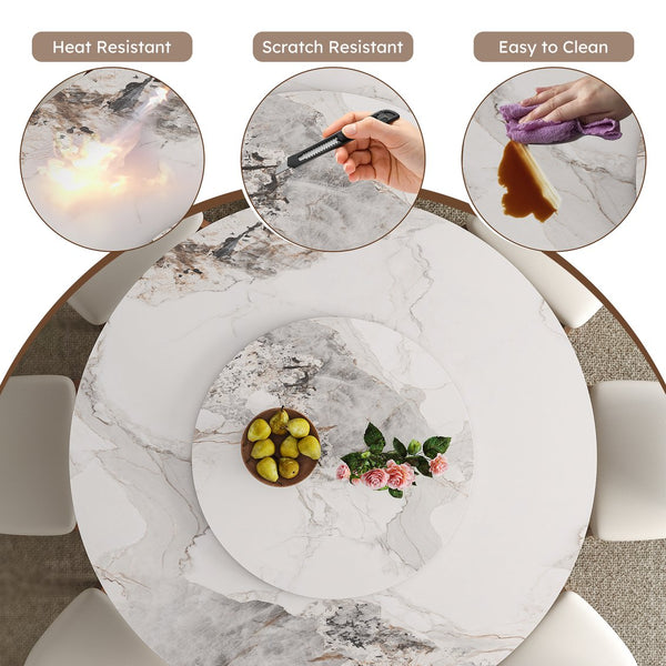 English Elm 59-Inch Modern Sintered Stone Dining Table Set With Rotating Turntable & 8 Chairs For Stylish Gatherings W509S00132