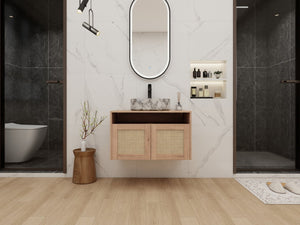 English Elm 30" Wall Mounted Bathroom Vanity Oak Finish Ceramic Art Sink Soft Close Storage W999S00493