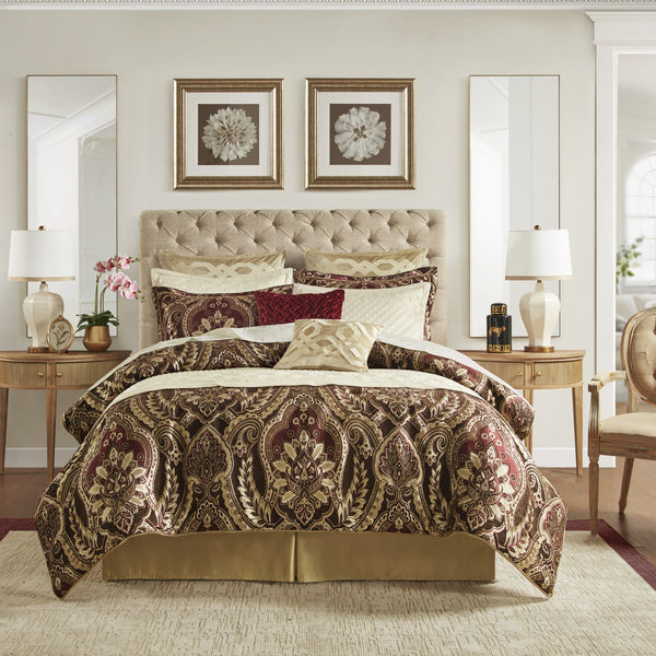 English Elm 4 Piece Comforter Set - Regal Burgundy Chenille For King Bed, Luxurious Vintage French Elegance B035128754