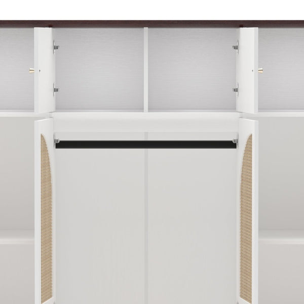 English Elm 70.87"tall Rattan Door Armoire Freestanding Wardrobe with Adjustable Shelves Hanging Rod White W757S00055