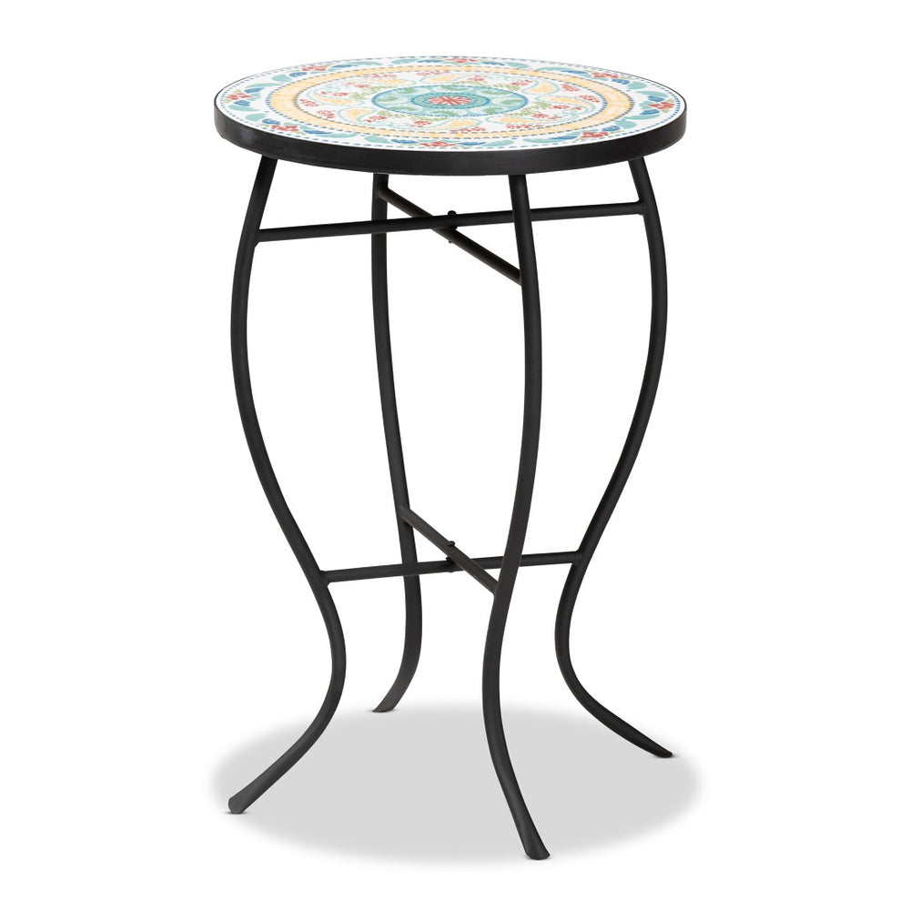 Baxton Studio Baxton Gaenor Elegant Metal Plant Stand with Colorful Ceramic Tile Top for Indoor & Outdoor Decor H01-104289 Plant Stand