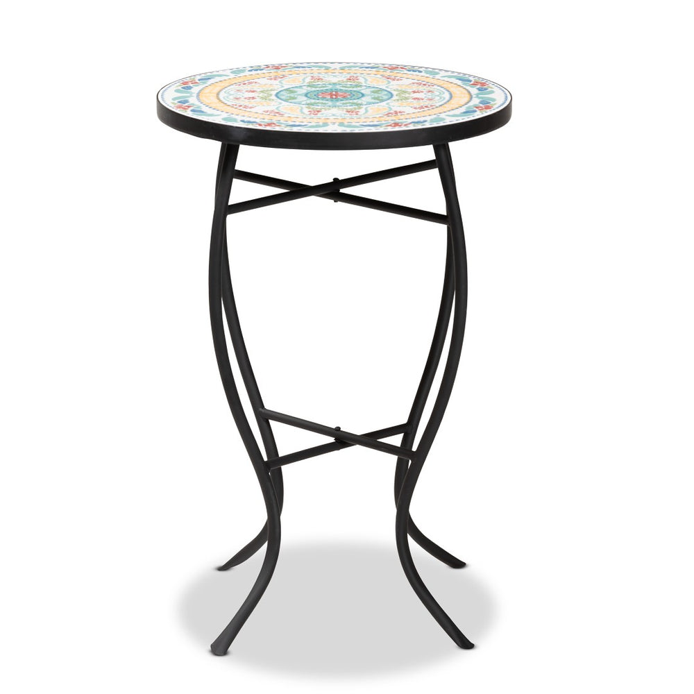 Baxton Studio Baxton Gaenor Elegant Metal Plant Stand with Colorful Ceramic Tile Top for Indoor & Outdoor Decor H01-104289 Plant Stand