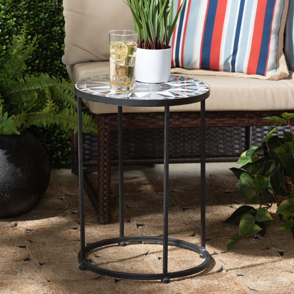Baxton Studio Baxton Kaden Outdoor Side Table - Modern Multi-Colored Glass Mosaic & Black Metal Accent Design H01-104348 Mosaic Side Table