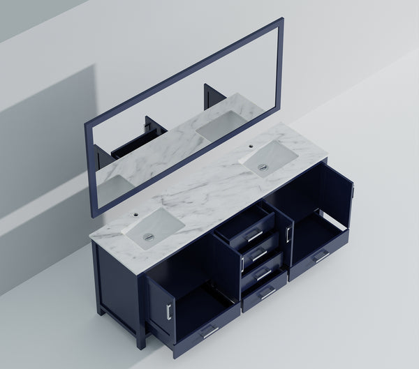 English Elm Navy Blue Double Bath Vanity 80"W x 22"D with Carrara Marble Top, Soft-Close Drawers & 30" Mirrors B2731S00844