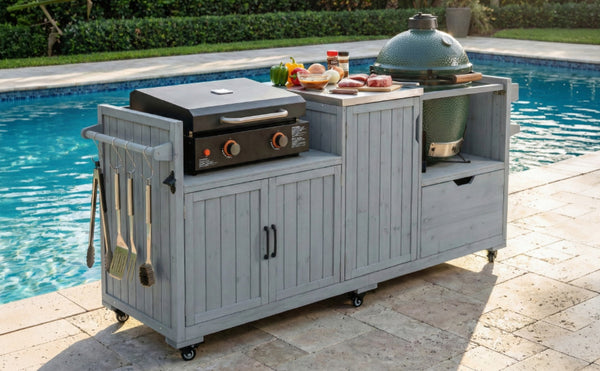 English Elm K&k 80.5 Inch Outdoor Kitchen Island Solid Fir Wood Stainless Steel Grill Cart Station Grey+Blue N707P392140G
