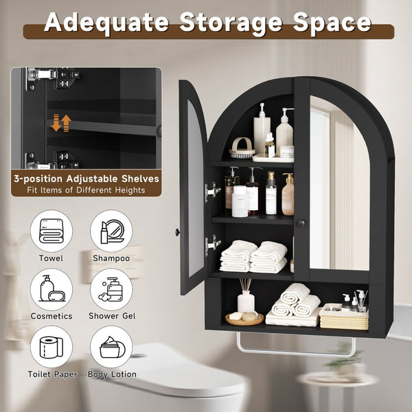 English Elm Wall Mounted Arched Cabinet Tempered Glass Doors Led Lighting Adjustable Shelves Bathroom Black T3210P471557