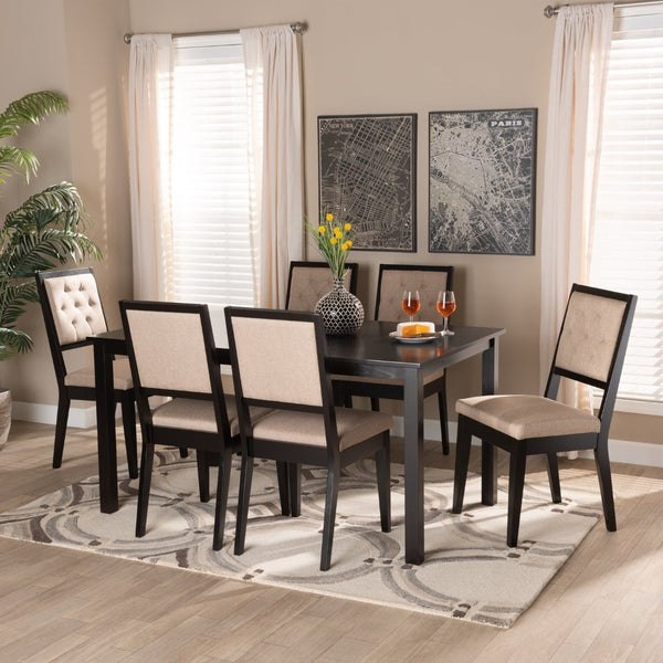 Baxton Studio Baxton Suvi 7-Piece Dining Set - Modern Sand Upholstered Chairs & Dark Brown Wood Table for Comfort Suvi-Sand/Dark Brown-7PC Dining Set
