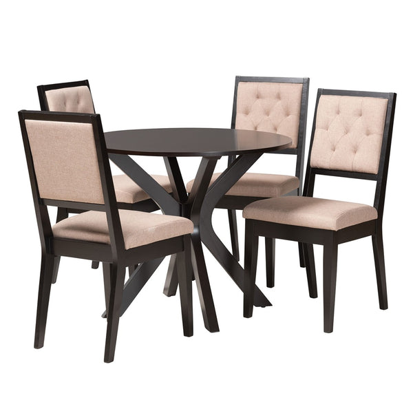 Baxton Studio Baxton Studio Mana Modern 5-Piece Dining Set - Round Table & Plush Sand Chairs for Stylish Dining Mana-Sand/Dark Brown-5PC Dining Set