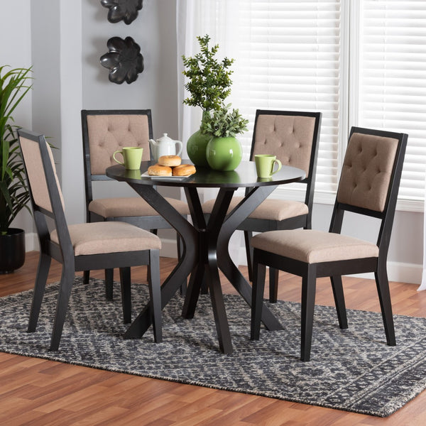 Baxton Studio Baxton Studio Mana Modern 5-Piece Dining Set - Round Table & Plush Sand Chairs for Stylish Dining Mana-Sand/Dark Brown-5PC Dining Set