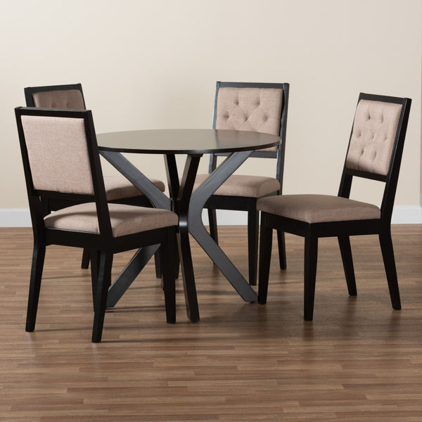 Baxton Studio Baxton Studio Mana Modern 5-Piece Dining Set - Round Table & Plush Sand Chairs for Stylish Dining Mana-Sand/Dark Brown-5PC Dining Set