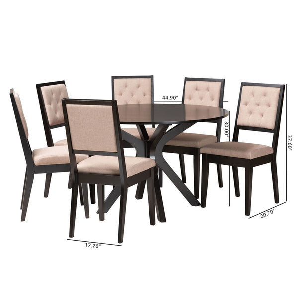 Baxton Studio Baxton Studio Mana 7-Piece Modern Dining Set with Plush Chairs and Stylish Round Table Design Mana-Sand/Dark Brown-7PC Dining Set