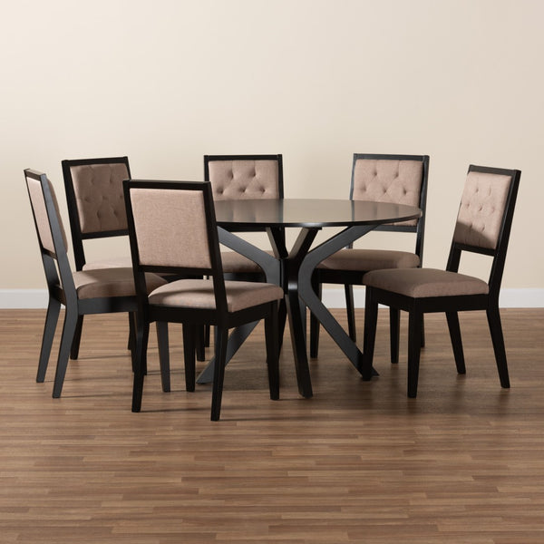Baxton Studio Baxton Studio Mana 7-Piece Modern Dining Set with Plush Chairs and Stylish Round Table Design Mana-Sand/Dark Brown-7PC Dining Set