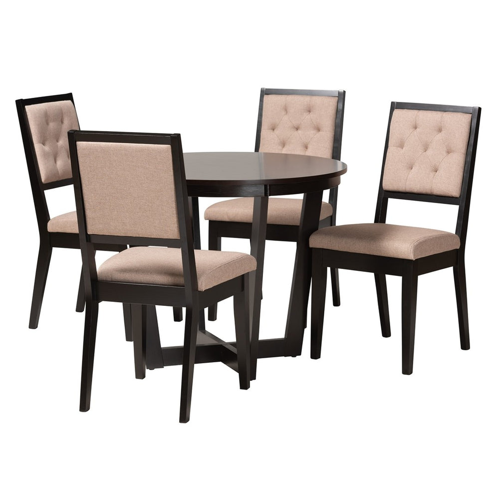 Baxton Studio Baxton Modern Beige Fabric Dining Set - 5-Piece Round Table & Tufted Chairs for Stylish Dining Kala-Sand/Dark Brown-5PC Dining Set