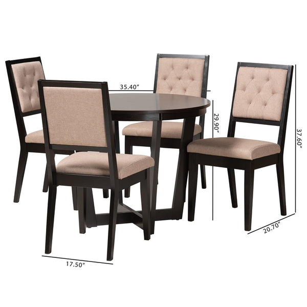 Baxton Studio Baxton Modern Beige Fabric Dining Set - 5-Piece Round Table & Tufted Chairs for Stylish Dining Kala-Sand/Dark Brown-5PC Dining Set