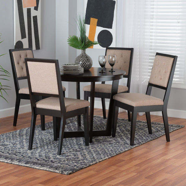Baxton Studio Baxton Modern Beige Fabric Dining Set - 5-Piece Round Table & Tufted Chairs for Stylish Dining Kala-Sand/Dark Brown-5PC Dining Set
