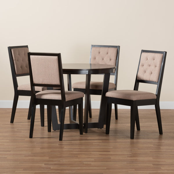 Baxton Studio Baxton Modern Beige Fabric Dining Set - 5-Piece Round Table & Tufted Chairs for Stylish Dining Kala-Sand/Dark Brown-5PC Dining Set