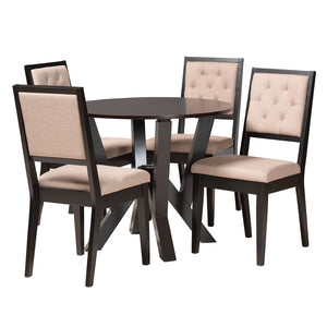 Baxton Studio Baxton Studio Kai Modern 5-Piece Dining Set - Round Table & Diamond-Tufted Chairs in Sand Fabric Kai-Sand/Dark Brown-5PC Dining Set