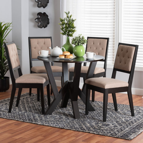 Baxton Studio Baxton Studio Kai Modern 5-Piece Dining Set - Round Table & Diamond-Tufted Chairs in Sand Fabric Kai-Sand/Dark Brown-5PC Dining Set