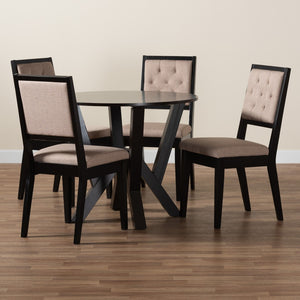 Baxton Studio Baxton Studio Kai Modern 5-Piece Dining Set - Round Table & Diamond-Tufted Chairs in Sand Fabric Kai-Sand/Dark Brown-5PC Dining Set