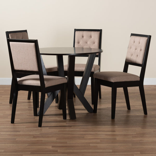 Baxton Studio Baxton Studio Kai Modern 5-Piece Dining Set - Round Table & Diamond-Tufted Chairs in Sand Fabric Kai-Sand/Dark Brown-5PC Dining Set