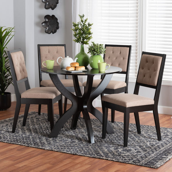 Baxton Studio Baxton Noe 5-Piece Modern Dining Set with Sculptural Table & Plush Sand Upholstered Chairs Noe-Sand/Dark Brown-5PC Dining Set