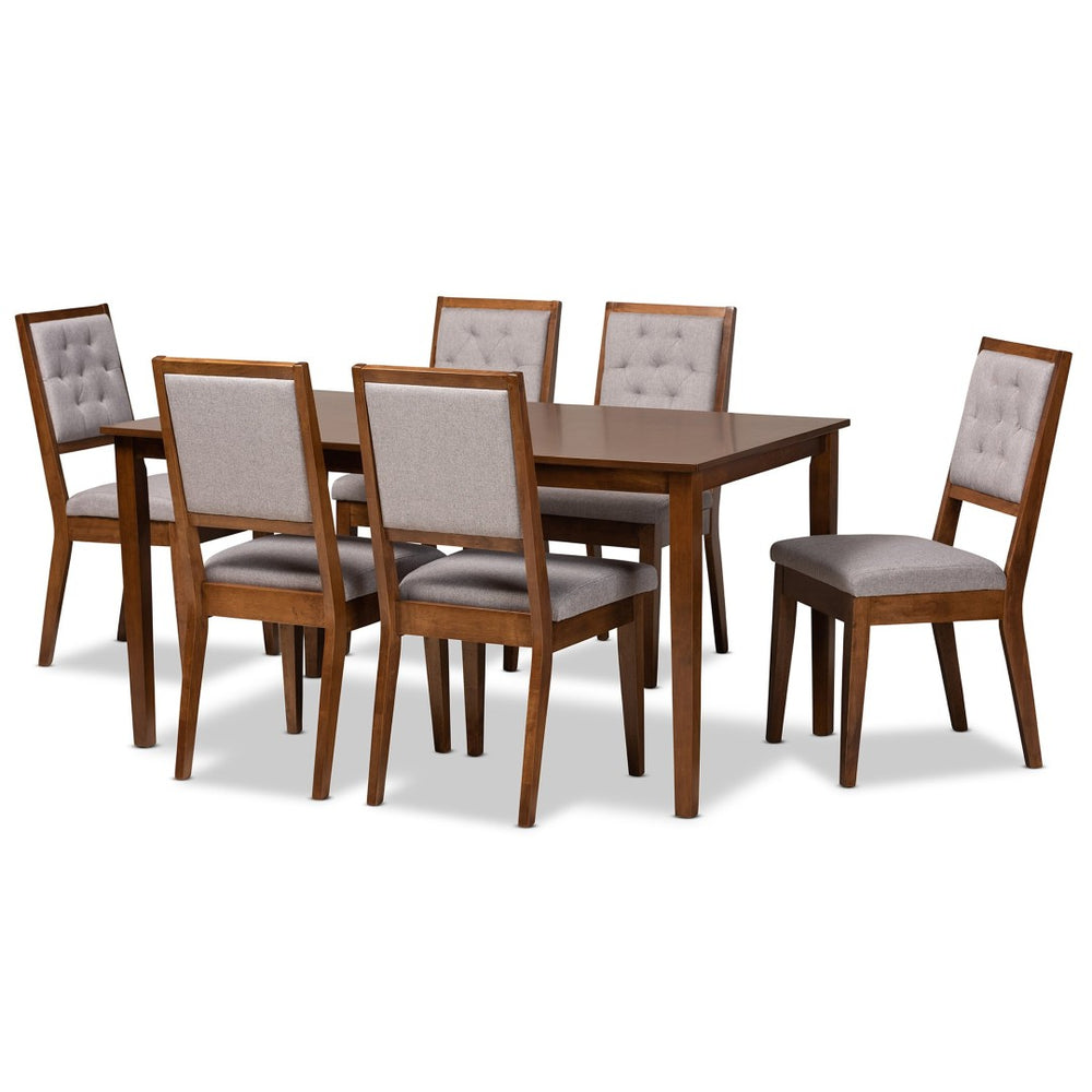 Baxton Studio Baxton Suvi 7-Piece Dining Set with Grey Fabric Chairs & Walnut Table – Modern Comfort & Style Suvi-Grey/Walnut-7PC Dining Set