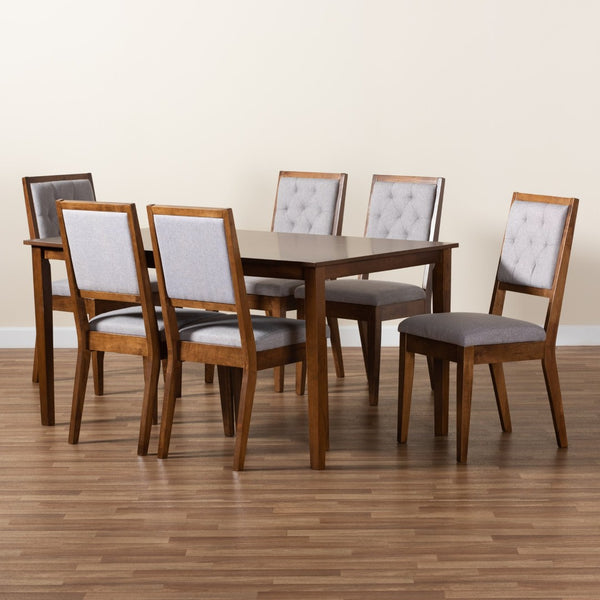 Baxton Studio Baxton Suvi 7-Piece Dining Set with Grey Fabric Chairs & Walnut Table – Modern Comfort & Style Suvi-Grey/Walnut-7PC Dining Set