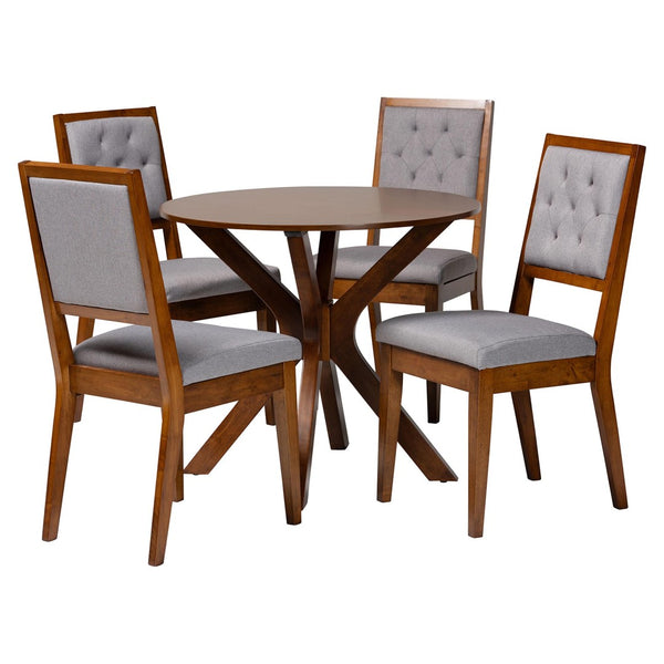 Baxton Studio Baxton Mana 5-Piece Modern Dining Set – Stylish Grey & Walnut Round Table with Upholstered Chairs Mana-Grey/Walnut-5PC Dining Set