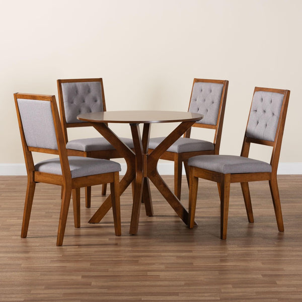 Baxton Studio Baxton Mana 5-Piece Modern Dining Set – Stylish Grey & Walnut Round Table with Upholstered Chairs Mana-Grey/Walnut-5PC Dining Set