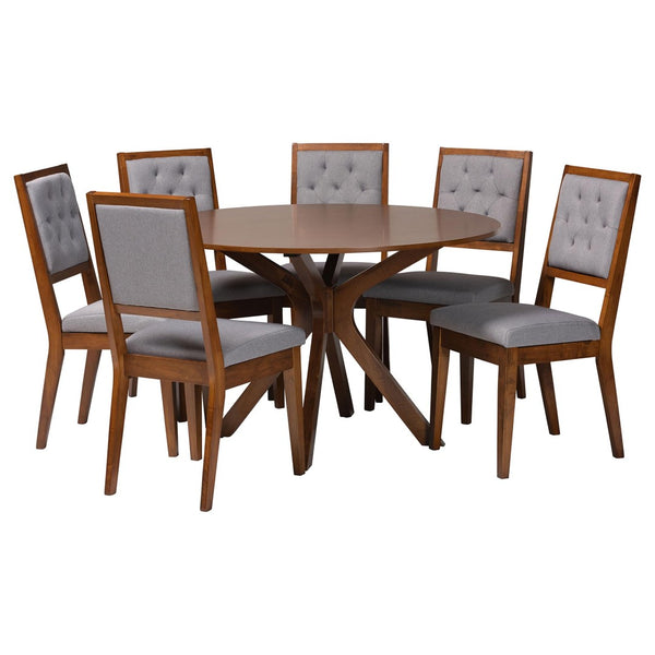 Baxton Studio Baxton Studio Mana 7-Piece Modern Dining Set with Round Table & Tufted Chairs for Stylish Gatherings Mana-Grey/Walnut-7PC Dining Set