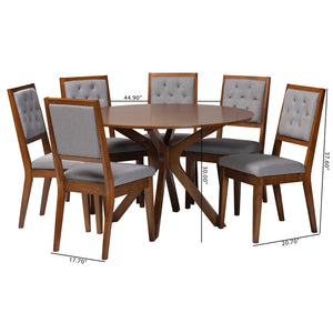 Baxton Studio Baxton Studio Mana 7-Piece Modern Dining Set with Round Table & Tufted Chairs for Stylish Gatherings Mana-Grey/Walnut-7PC Dining Set