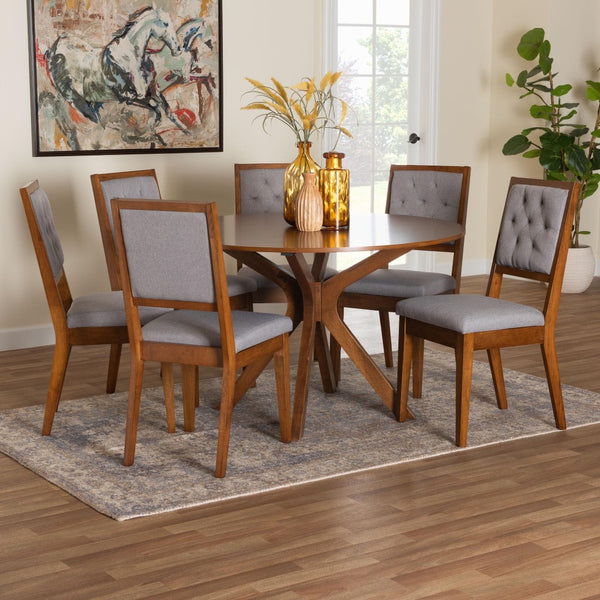 Baxton Studio Baxton Studio Mana 7-Piece Modern Dining Set with Round Table & Tufted Chairs for Stylish Gatherings Mana-Grey/Walnut-7PC Dining Set