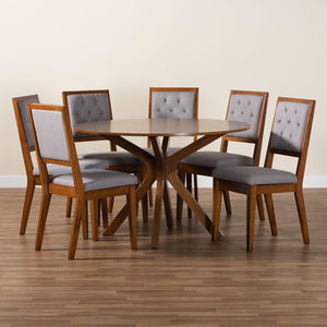 Baxton Studio Baxton Studio Mana 7-Piece Modern Dining Set with Round Table & Tufted Chairs for Stylish Gatherings Mana-Grey/Walnut-7PC Dining Set
