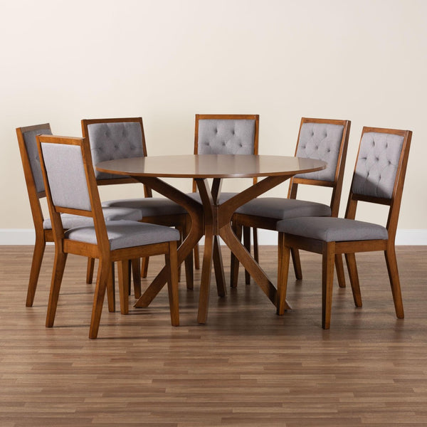 Baxton Studio Baxton Studio Mana 7-Piece Modern Dining Set with Round Table & Tufted Chairs for Stylish Gatherings Mana-Grey/Walnut-7PC Dining Set