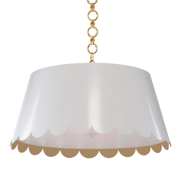 Wildwood Mirasol Pendant By Meg Braff For Wildwood — Three-Light White Shade With Scalloped Edge And Warm Gold Interior 13h x 29w x 29d 12146