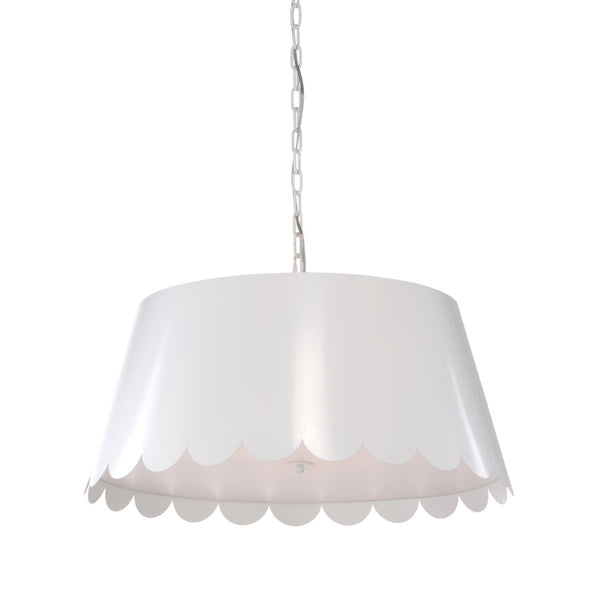 Wildwood Mirasol Pendant By Meg Braff For Wildwood — Three-Light White Shade With Scalloped Edge And Warm Gold Interior 13h x 29w x 29d 12146