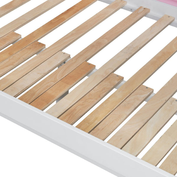 English Elm House-shaped Pine Bunk Bed with Built-in Slide Storage Staircase Twin Over Full Kids Frame White+Pink N820S00082K