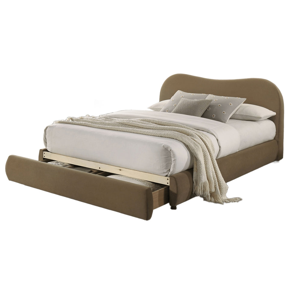 English Elm Beautiful Curved Upholstered Queen Bed with Built-In Footboard Drawer, Solid Wood Frame, Elegant Upholstery Brown 40 L x 21 W x 15 H B2741S00715