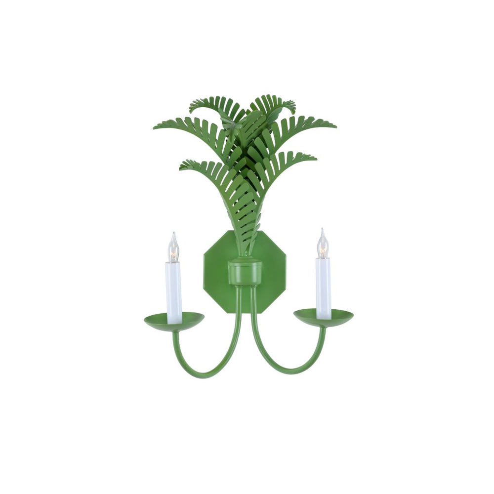 Wildwood Royal Palm Sconce By Meg Braff For Wildwood — Spring Green Two-Arm Tole Wall Light, Palm Fronds 12148