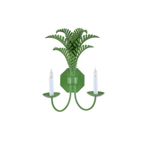 Wildwood Royal Palm Sconce By Meg Braff For Wildwood — Spring Green Two-Arm Tole Wall Light, Palm Fronds 12148