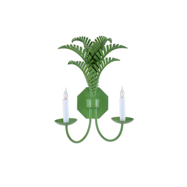 Wildwood Royal Palm Sconce By Meg Braff For Wildwood — Spring Green Two-Arm Tole Wall Light, Palm Fronds 12148