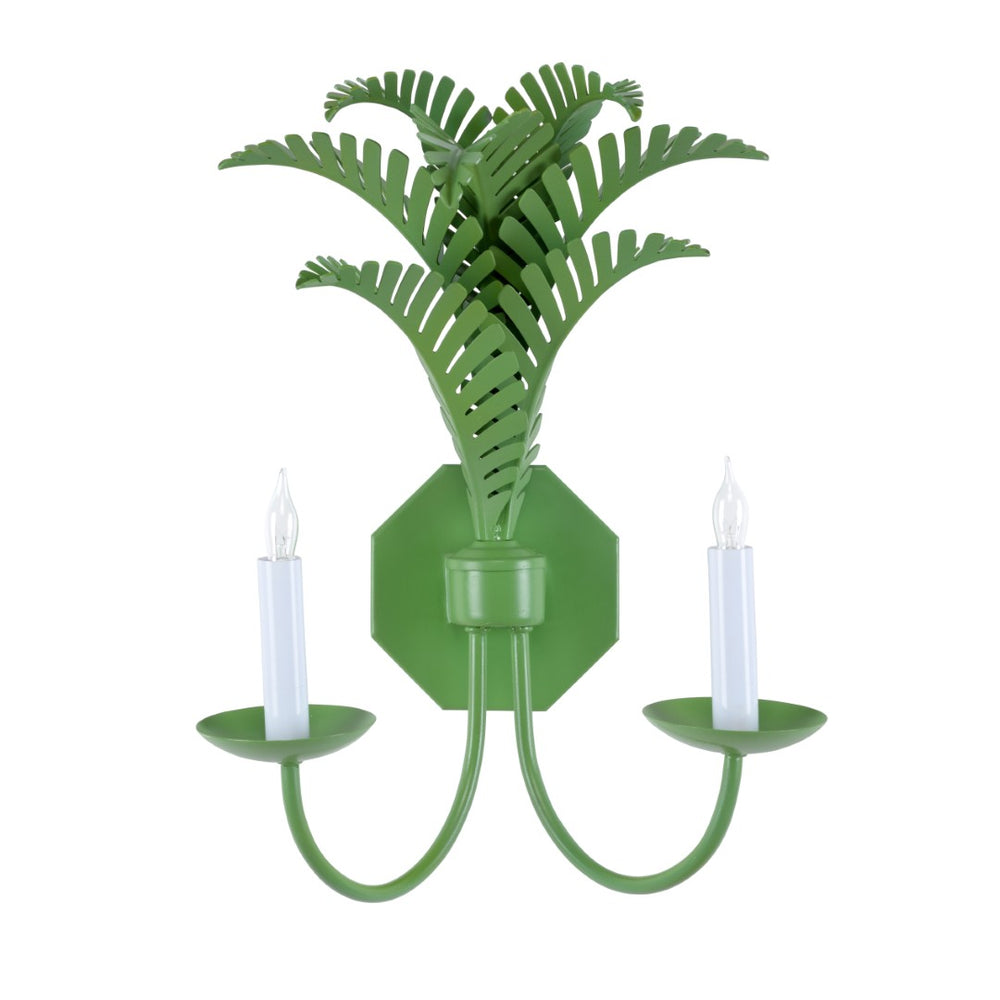 Wildwood Royal Palm Sconce By Meg Braff For Wildwood — Spring Green Two-Arm Tole Wall Light, Palm Fronds 12148