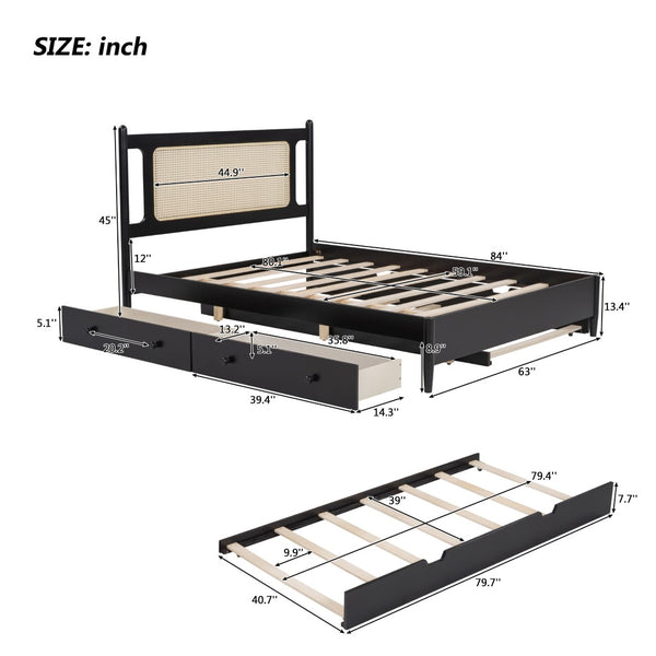 English Elm Queen Size Wooden Rattan Platform Bed With Spacious Storage Drawers & Twin Trundle In Espresso Finish N820S00002P-GIGA