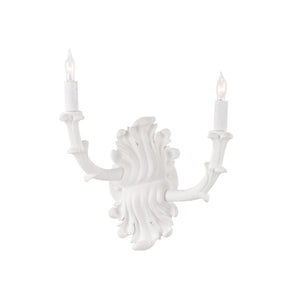 Wildwood Roche Plaster Double Arm Sconce With Carved Detail, White Finish, Transitional Ambient Lighting Elegance 12157