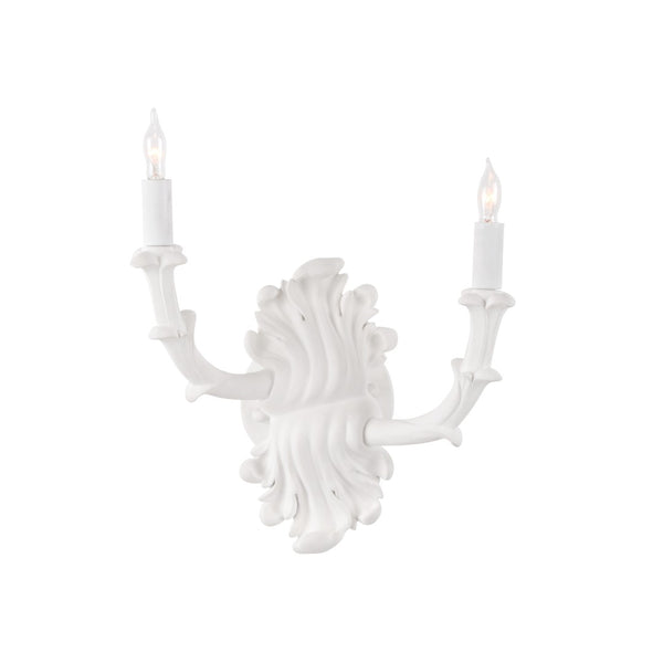 Wildwood Roche Plaster Double Arm Sconce With Carved Detail, White Finish, Transitional Ambient Lighting Elegance 12157