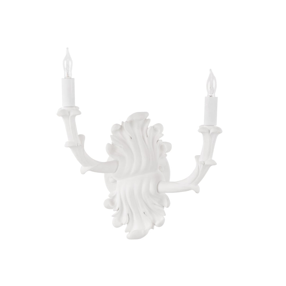 Wildwood Roche Plaster Double Arm Sconce With Carved Detail, White Finish, Transitional Ambient Lighting Elegance 12157