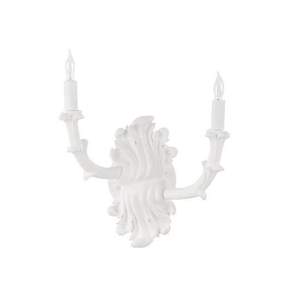 Wildwood Roche Plaster Double Arm Sconce With Carved Detail, White Finish, Transitional Ambient Lighting Elegance 12157