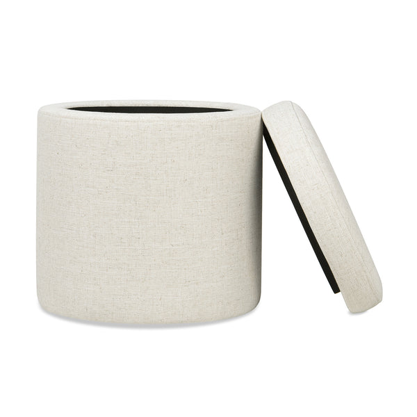 English Elm Jennifer Taylor Home - Brandy Compact 14" Round Upholstered Storage Ottoman with Leather Accent Tab, Linen Neutral Chic White B2719P269255