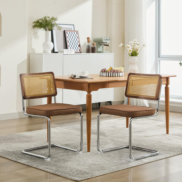 English Elm Mid Velvet Cantilever Dining Chairs Set of 2 — Mid Century Linen Upholstered Rattan Back, Chrome Base, DurableComfort Coffee W1143P342097